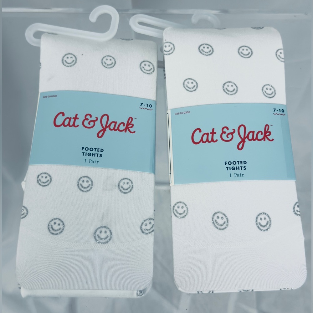 Cat & Jack (Set of 2) White footed tights with silver smiley faces 7-10 (55-79#)